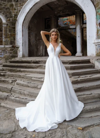 Маритта - Сонеста Маритта 1 Сонеста Свадебное платье А-силуэта с V-образным вырезом и открытой спиной на молнии.